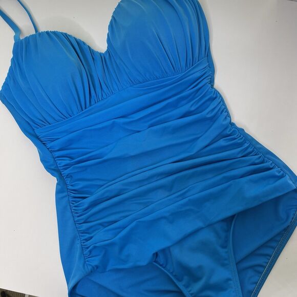 MIRACLESUIT Rialto Swimsuit Size 14 Slimming Shaper Ruched Blue Tummy Control - Picture 1 of 16